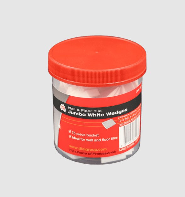 A clear plastic jar with red lid containing white wedge spacers for tile installation, labeled for wall and floor tile use.